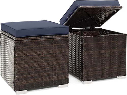 Miniatura 26 de Tangkula - 2 asientos otomanos de patio, mesa lateral de ratán PE tejido a mano de Patiojoy con cojín extraíble y espacio de almacenamiento oculto