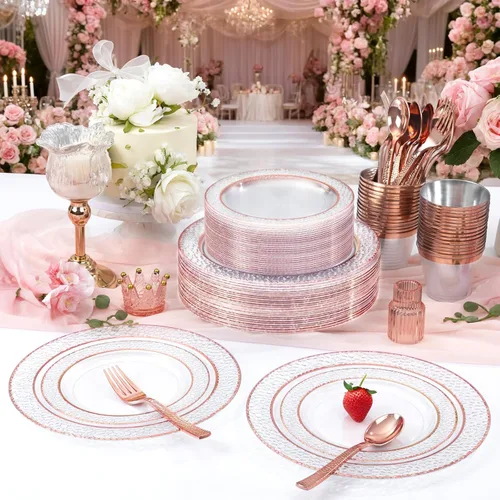 Miniatura 9 de Ciaell 150 platos de plástico de oro rosa – Platos desechables con cubiertos de plástico de oro rosa incluyen 50 platos, 25 tenedores, 25 cuchillos