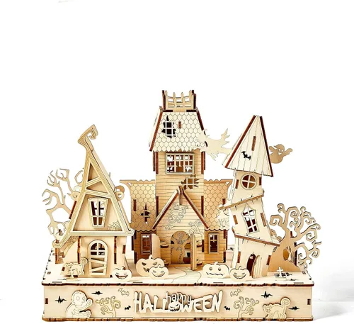 Rompecabezas de madera 3D para Halloween, incluye tira de luz, rompecabezas y rompecabezas para Halloween/cumpleaños, regalos para adultos y