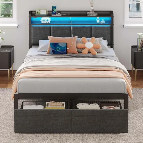 Miniatura 10 de Rolanstar Armazón de cama tamaño completo con estación de carga y luces LED, cabecera tapizada con estantes de almacenamiento, listones de metal