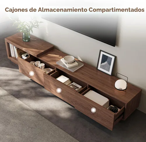 Miniatura 5 de Soporte de TV extensible para televisores de 65 a 100 pulgadas, consola de entretenimiento de nogal con 3 cajones y 1 compartimento