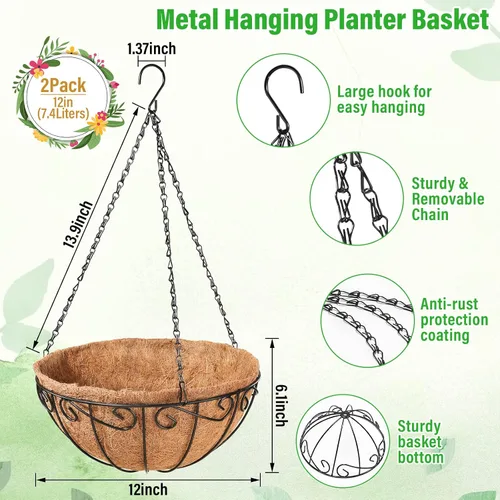 Miniatura 2 de Legigo Paquete de 2 cestas colgantes de metal de 12 pulgadas para plantas al aire libre, macetas colgantes redondas de alambre con forro de fibra