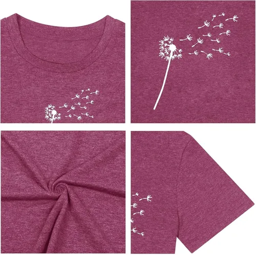 Miniatura 5 de Camiseta de verano para mujer, talla grande, con diente de león, manga corta, cuello redondo, holgada, casual