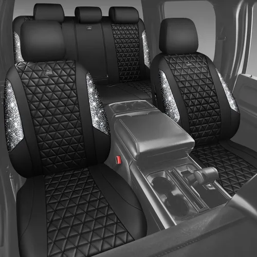 Miniatura 8 de CAR PASS Fundas de asiento de automóvil de cuero con diamantes brillantes, juego de asientos interiores de asientos completos, impermeable, Plateado