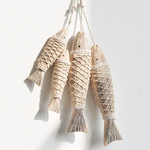 Pescado de madera vintage colgante de peces de madera con decoración de red de pesca adornos náuticos tallados a mano decoración de pared para el