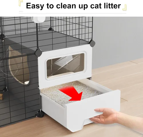 Miniatura 3 de Oneluck Jaula para Gatos de Interior con Caja de Arena de 3 Niveles DIY Corral para Gatos Desmontable Jaula de Alambre Metálico Grande Lugar