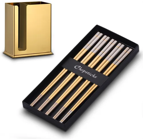Miniatura 10 de DOCBLACK Palillos de acero inoxidable con soporte para palillos, estante de secado de utensilios, 5 pares de palillos reutilizables aptos