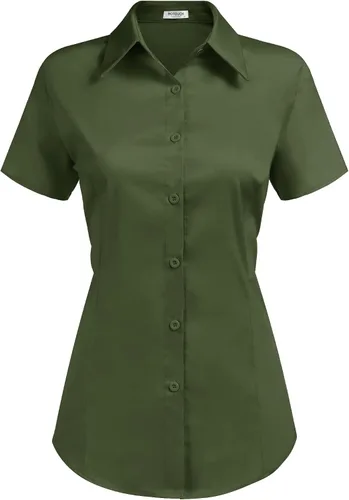 Miniatura 12 de HOTOUCH - Camisas básicas con botones para mujer de manga corta elásticas con cuello de botón para mesera y trabajo