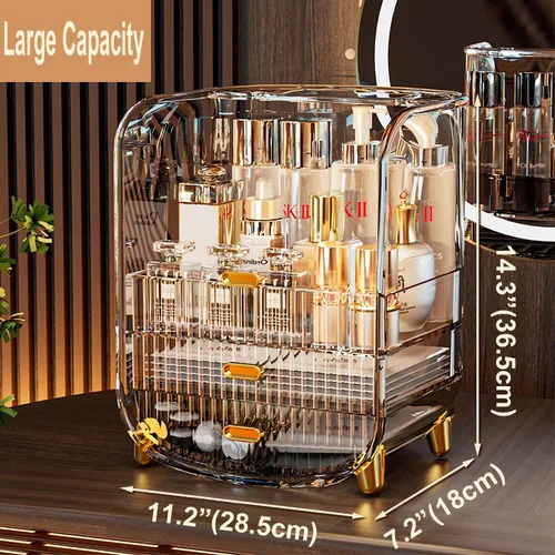 Miniatura 5 de Organizador de maquillaje, organizador de maquillaje de cosméticos de gran capacidad para tocador, a prueba de polvo, impermeable, vitrina