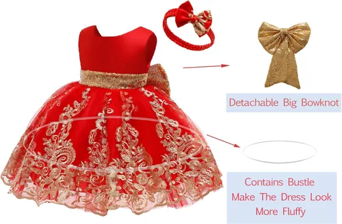 Miniatura 3 de 0-6T - Vestido de tutú de encaje bordado con lentejuelas y lazo grande para fiestas de bebé y niñas pequeñas con tocado