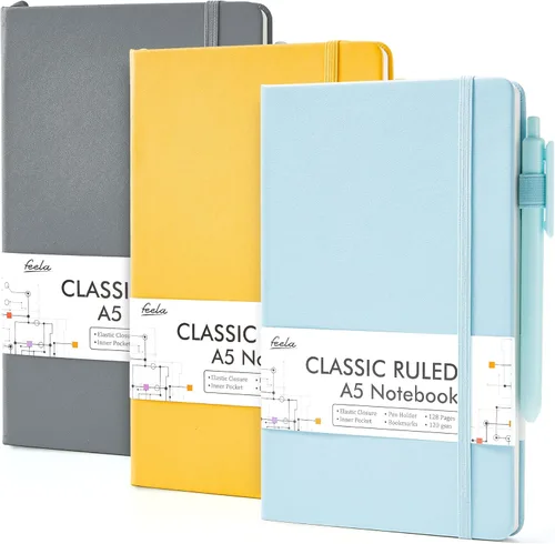 Miniatura 20 de feela Paquete de 3 Cuadernos Diarios a Granel, Cuaderno de Tapa Dura Clásico con Rayas Rayado Diarios con Soporte para Bolígrafo para Mujeres Niñas