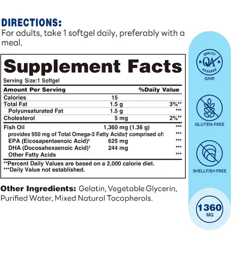 Miniatura 2 de Vitamin World Suplemento de aceite de pescado Omega 3 Triple Strength de 1360 mg, 950 mg de ácidos grasos omega-3 activos con EPA y DHA, apoya
