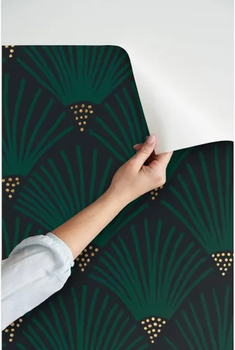 Miniatura 3 de Spoonflower Papel tapiz autoadhesivo de 12 x 2 pies, color verde esmeralda oscuro, escala de vieira Art Deco de los años 20, elegante papel tapiz