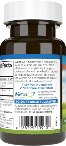 Miniatura 3 de Carlson - Super D3 + K2, 125 mcg (5000 UI) de vitamina D3, 90 mcg de vitamina K2 como MK-7, soporte óseo, absorción de calcio, 45 cápsulas