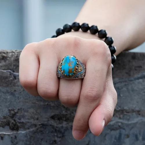 Miniatura 9 de Retro Natural Turquoise Ring for Men, 925 Sterling Silver Oval Sky Blue Stone Statement Ring,Turkish Vintage Engraving Design Handmade