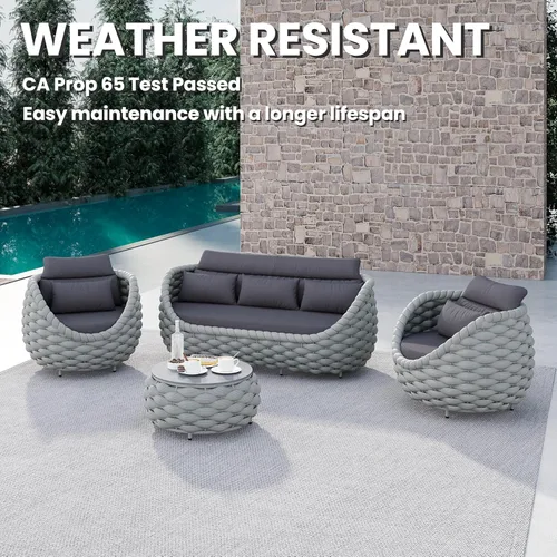 Miniatura 2 de Juego de muebles de patio de cuerda de 4 piezas: conjunto de sofás al aire libre de aluminio acolchado - sofá de conversación moderno ensamblado