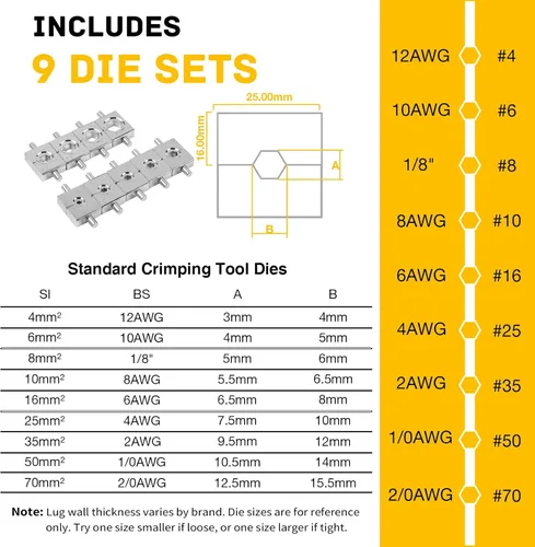 Miniatura 4 de YUZES Herramienta de Prensado Hidráulica de 10 Toneladas, Herramienta de Crimpado de Cable de Batería de 12 AWG a 2/0 con 9 Troqueles, Kit