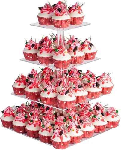 Miniatura 7 de YestBuy Soporte redondo de acrílico para cupcakes de 4 niveles con base, soporte premium para cupcakes, torre de exhibición de cupcakes de acrílico