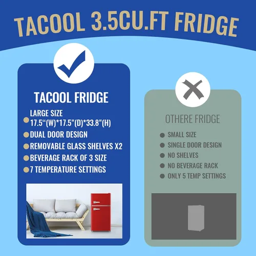 Miniatura 5 de Refrigerador de 3.5 pies cúbicos con congelador, refrigerador de doble puerta color rojo con estantes ajustables de cristal, cajón plástico