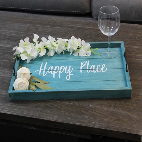 Miniatura 21 de Elegant Designs HG2000-AHH Margarita Drinks Lime Bar Kitchen Wetbar Bandeja Decorativa de Madera para Servir con Asas, 15.50" x 12", Aqua Wash Happy