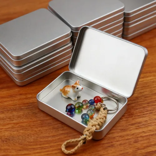 Miniatura 3 de 12 recipientes rectangulares de metal vacíos con bisagras para necesidades básicas, organizador de almacenamiento para el hogar, juego de mini Plata