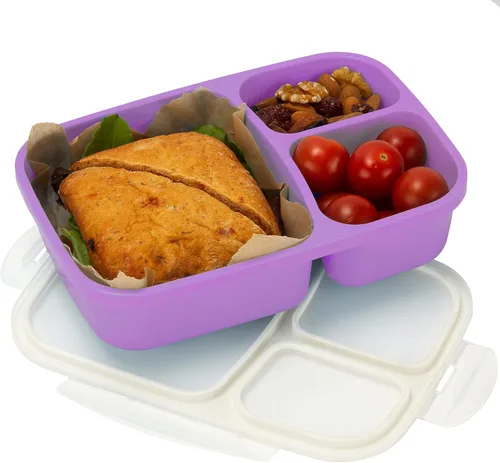 Fiambrera Bento, a prueba de fugas, 3 compartimentos, contenedor hermético para almacenamiento de alimentos (1 unidad), color morado