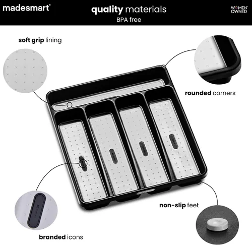 Miniatura 4 de madesmart Bandeja de cubiertos, organizador de cubiertos de 5 compartimentos para tenedores, cuchillos y cucharas, antideslizante, forro de agarre
