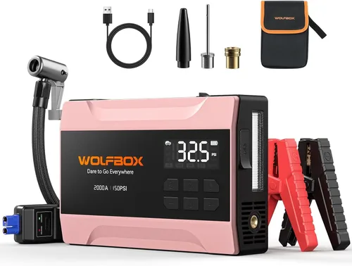 Miniatura 10 de WOLFBOX Arrancador de salto de 2000 A con compresor de aire, 37 Wh para batería de automóvil portátil (hasta motor de gas de 5 litros), paquete