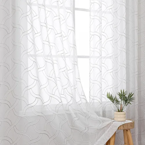 Miniatura 22 de VISIONTEX Cortinas traslúcidas blancas de 63 pulgadas de largo, juego de 2 paneles de bordado marroquí con puntos beige, tela de gasa bordada