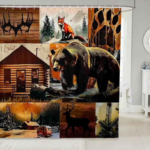 Miniatura 21 de Erosebridal Cortina de ducha de animales del bosque, cortina de ducha de oso ciervo, lobo, cortina de ducha de baño, cortina de baño impermeable