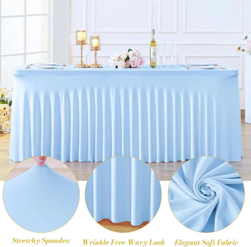 Miniatura 5 de Paquete de 2 manteles color azul bebé para mesas rectangulares de 6 pies, mantel ajustable de elastano, fundas de mesa elásticas de 6 pies, manteles