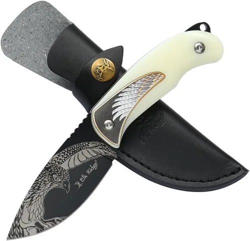 Miniatura 7 de Elk Ridge Cuchillo de caza de hoja fija, longitud total de 7 pulgadas, hoja de punto de caída de 3.3 pulgadas, mango de madera, funda de cuero