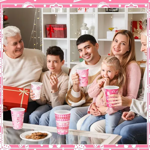 Miniatura 4 de Ziliny 100 juegos de tazas de papel de Navidad con manga y tapa con pajita, tazas de chocolate caliente y cacao para fiestas de Navidad, suministros