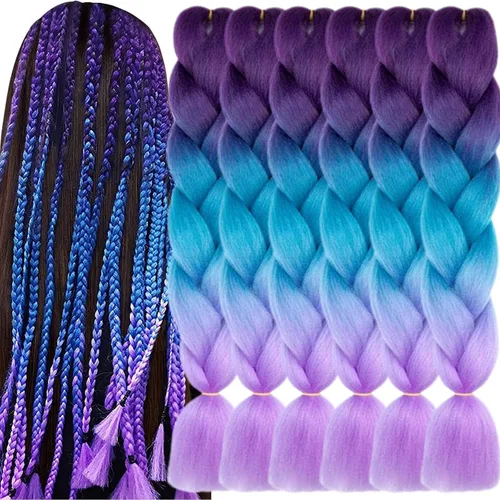 Miniatura 27 de 3 paquetes de extensiones de cabello sintético para trenzar de color negro a azul, tamaño jumbo ombré, de 24 pulgadas o trenzas de ganchillo