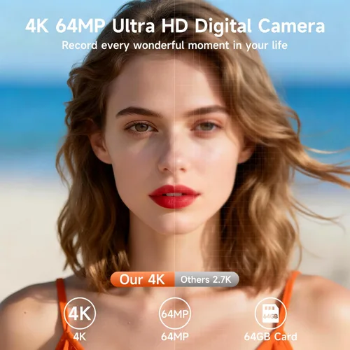 Miniatura 2 de Cámara digital 4K para fotografía, cámara de video de enfoque automático de 64 MP para YouTube con pantalla abatible de 180 de 3 pulgadas, cámara