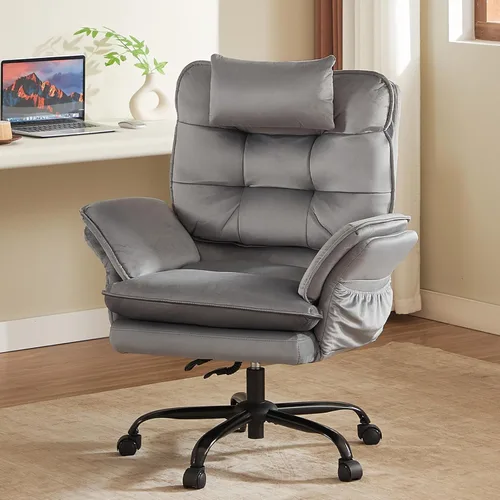 Bestier Silla de oficina con patas cruzadas, silla cruzada con brazos ajustables, silla ejecutiva de terciopelo reclinable de 135° con ruedas, silla