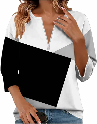 Miniatura 21 de Sudadera de manga larga con media cremallera para mujer, de gran tamaño, bloque de color, con cremallera de un cuarto, camisas de moda de primavera