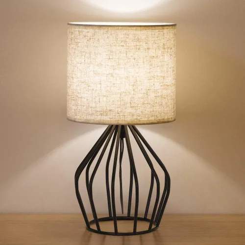 HAITRAL Lámpara de mesa moderna negra – Lámpara de noche minimalista pequeña con base hueca de tela de lino, lámpara de mesita de noche vintage para