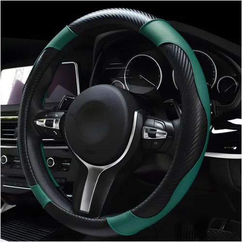 Miniatura 23 de DXNQ Funda para volante de automóvil, 15 pulgadas de fibra de carbono con costuras de piel, protector de volante de color, antideslizante, elástica