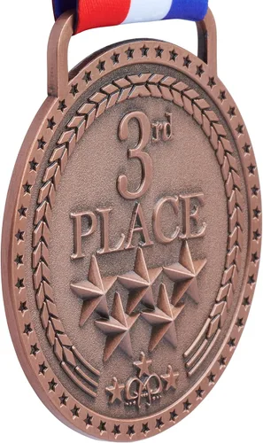 Miniatura 4 de Medallas de bronce dorado y plateado para premios de trofeo del 1er 2º y 3er lugar, acabado brillante o antiguo con cinta de satén roja, blanca