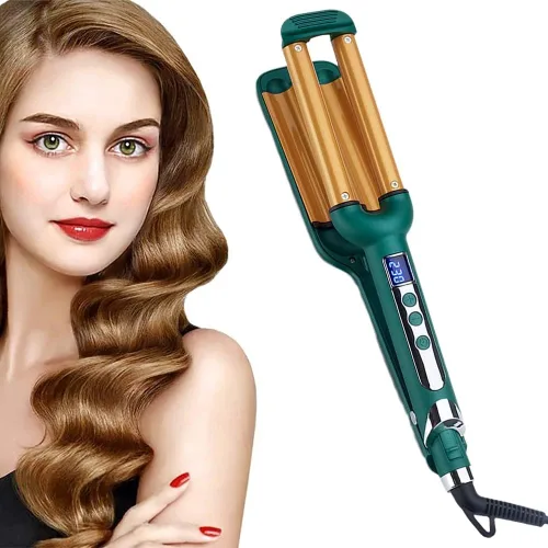 Miniatura 2 de Rizador de pelo ondulado de 3 barriles, rizador de cerámica con control de temperatura LCD, rizador de cabello, rizador de huevos, para cabello Verde