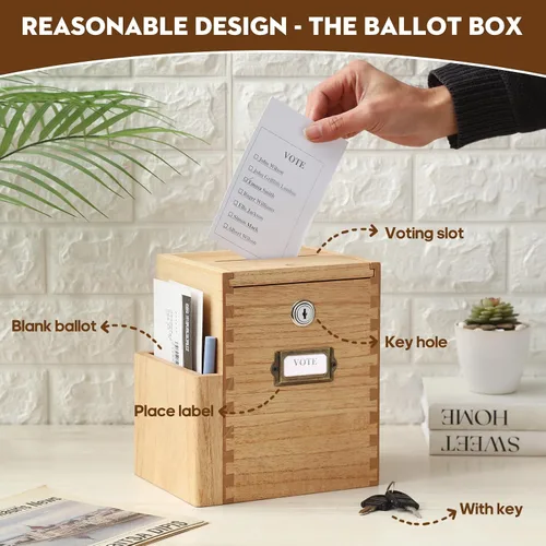 Miniatura 3 de KIRIGEN Caja de sugerencias de madera con cerradura y 2 llaves, urna montada en la pared o encimera con bolsillo lateral para formularios, caja