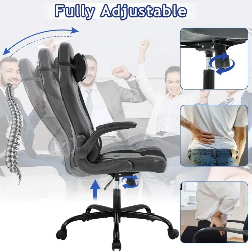 Miniatura 5 de Silla ergonómica para videojuegos, silla de escritorio de oficina con respaldo alto y soporte lumbar ajustable, reposabrazos abatibles y Negro