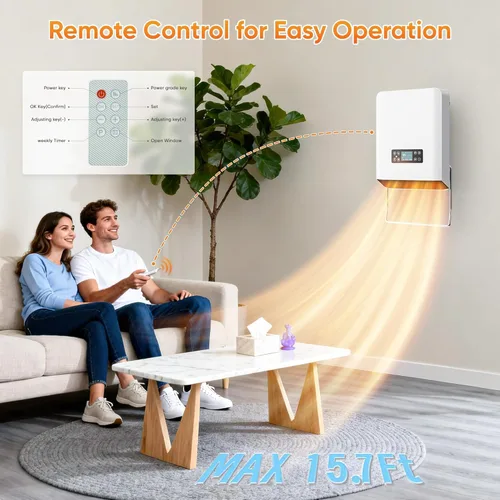 Miniatura 3 de Calentador eléctrico montado en la pared, calentador de espacio interior PTC de 1500 W con control remoto, termostato ajustable, calentador de pared