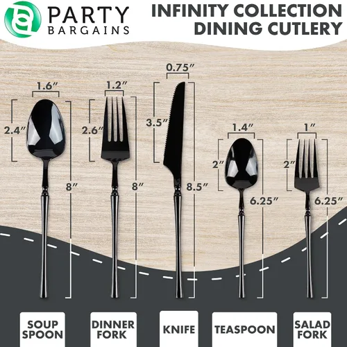 Miniatura 2 de Party Bargains Juego de cubiertos negros de plástico desechable, utensilios de diseño moderno infinito, paquete de 40: 16 tenedores, 8 cuchillos, 16