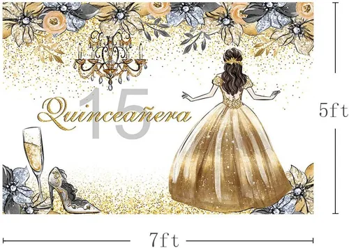 Miniatura 4 de MEHOFOTO - Fondo de cabina de estudio fotográfico de quinceañera de quinceañera con purpurina dorada y plateada floral dulce 15 membrillo niña años