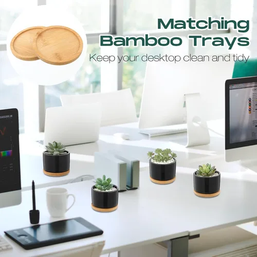 Miniatura 7 de Cindeer 12 juegos de macetas de cerámica para suculentas, macetas de cactus con bandeja de bambú, maceta cilíndrica pequeña con platillos de bambú