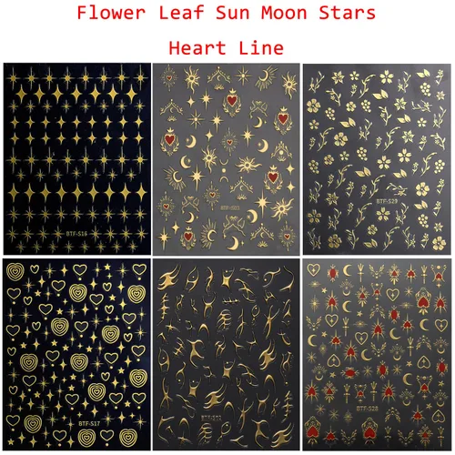 Miniatura 7 de Calcomanías de arte de uñas doradas, diseño de sol, luna, estrellas, línea de corazón, flores, calcomanías autoadhesivas para uñas, calcomanías