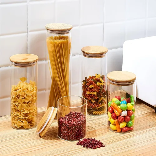 Miniatura 6 de SHOWIN Tarros de almacenamiento de pasta de vidrio de 73 onzas, tarros altos de vidrio con tapas de bambú, contenedor de espagueti, juego de 3