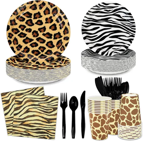 DYLIVeS 168 piezas de decoración de fiesta de cumpleaños con estampado de animales del zoológico, platos de cena con estampado de leopardo, platos